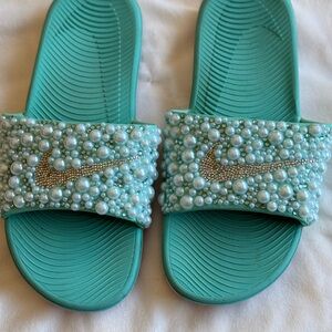 Nike Turquoise Pearl Embellished Slides